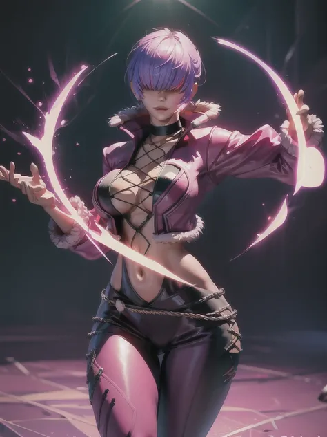 (night), in a video game scene with a neon background and a neon light, Standing at attention, pink suit, pink jacket, choker, neckline, clothing cut, earrings, purple hair, eyes completely covered by hair bangs ((hair over eyes)), 1 girl, 20 years old, Yo...