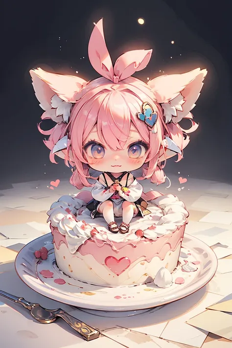 Design an adorable scene featuring a chibi anime girl happy. The artwork focuses solely on the character ych, make the girl small and the dessert cake donut or drink bigger than her, she needs to be full body, without a detailed background.
