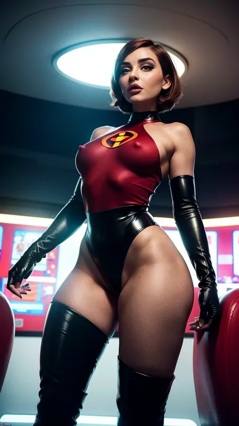 Helen Parr, elastigirl, vagina:1.3, location is superhero lair, short bob haircut, auburn hair, big round ass, bubble ass, view from front, view from below, red and black outfit, black thigh high boots, shiny, bare breasts:1.4, glamour makeup, retro futuri...