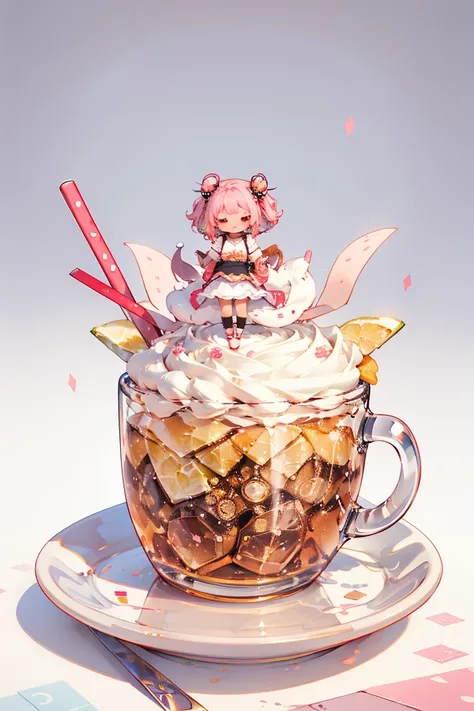 Design an adorable scene featuring a chibi anime girl happy. The artwork focuses solely on the character ych, make the girl small and the dessert cake donut or drink bigger than her, she needs to be full body, without a detailed background.
