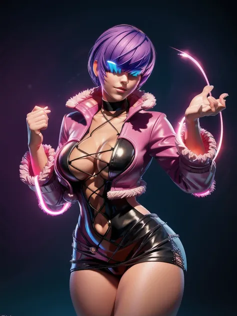 (night), in a video game scene with a neon background and a neon light, standing at attention, pink suit, pink jacket, choker, n...