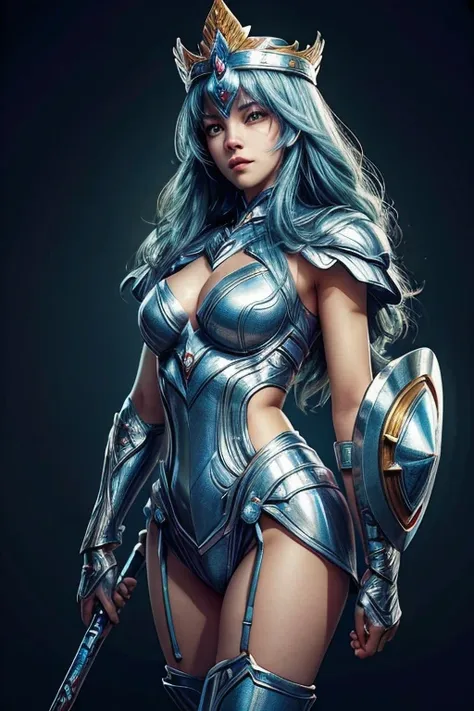 fully body photo，（best qualtiy）， （1girll）， starryskybackground, crown, one hand holding shield, one hand holding a spear, wearin...