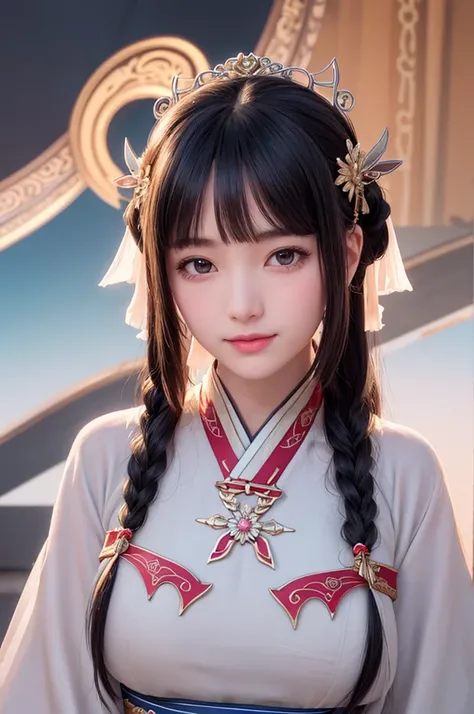 close up on face， Ultra-fine face，femele， China-style， Ancient wind，Hanfu， Sit Pose， long whitr hair， Delicate clothing patterns， ellegance， opulent， ellegance， ssmile，Skysky， Ribbons，Sense of brokenness， ruri， Buble， Double up braid， Hairline， slanted ban...