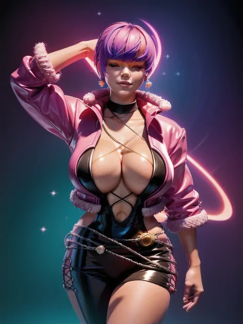 (night),in a video game scene with a neon background and a neon light, Standing at attention, pink outfit,pink jacket,choker, cleavage cutout, clothing cutout, earrings, purple hair,bangs,((hair over eyes)), 1 girl, 20yo,Young female,Beautiful Finger,Beaut...