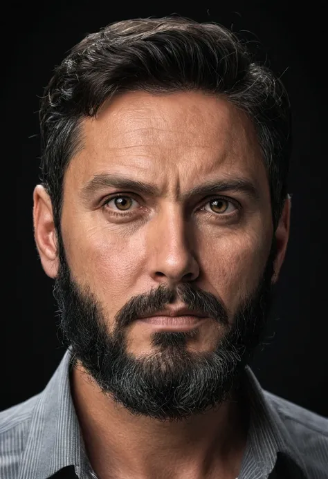 Portrait of brunette man, black beard, a little gray, beautiful and very serious face with dark background, hyper-realistic image