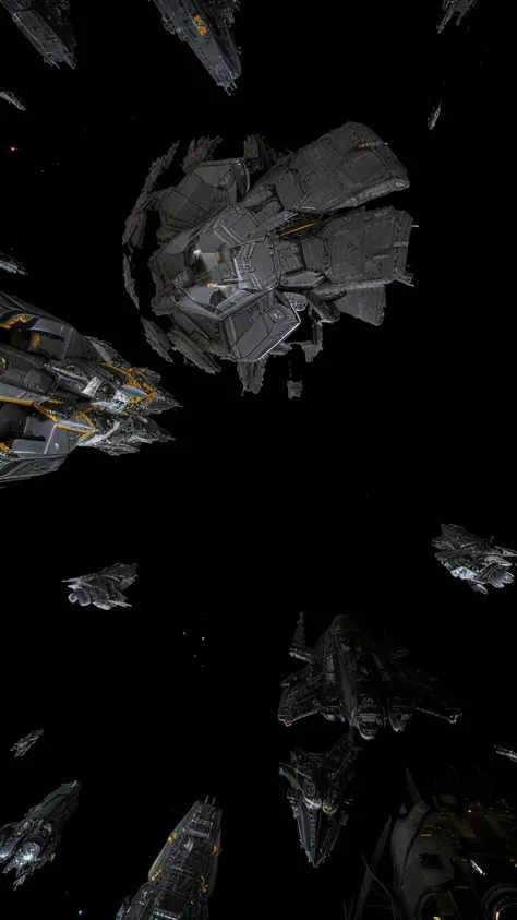 spaceships and ships in a space with a black background, wide shot of a spaceship battle, spaceship in space in ruins, asteroids realistic cinematic, ominous space battle background, landing in epic space battle, looking at spaceships at dock, cargo spaces...