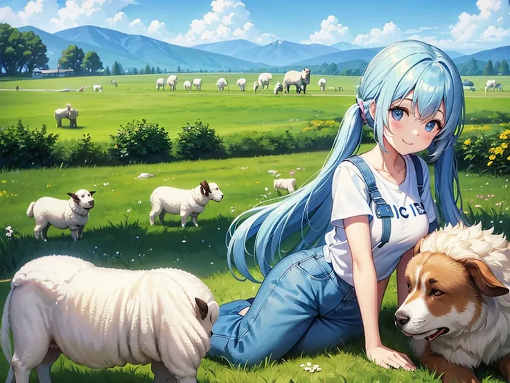 Light blue long hair、Beautiful girl with twin tails、T-shirt and denim jumpsuit、Bright smile、Sheep Farm、Two Saint Bernard dogs watching over sheep、Lots of sheep、blue sky、