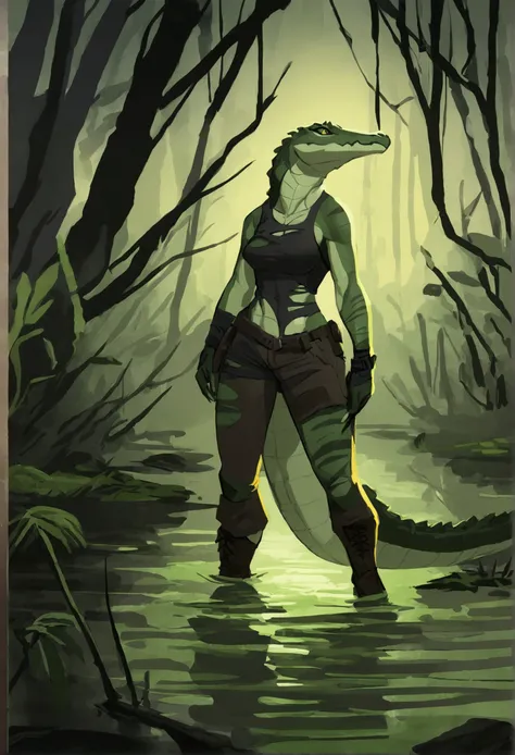  ,(Solo), concept art, anthro female crocodile, athletic, torn clothes, swamp, 