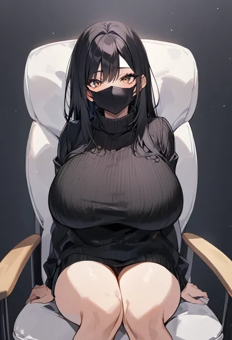 1 girl, black hair, big black sweater, big breast, black facemask, sitting on normal chair, staring at camera,