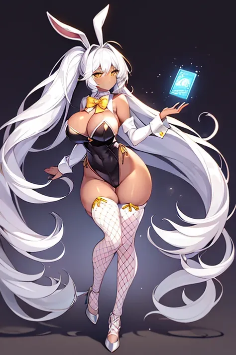 1girl, white hair, long hair, dark-skinned female, dark skin, yellow eyes, breasts, large breasts, bowtie, wide hips, fishnets, bunnysuit, leotard, white bunnysuit, shy, timid, ponytail, fishnet, fishnet pantyhose, fishnet legwear, high heels, full body, (...