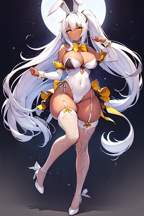 1girl, white hair, long hair, dark-skinned female, dark skin, yellow eyes, breasts, large breasts, bowtie, wide hips, fishnets, bunnysuit, leotard, white bunnysuit, shy, timid, ponytail, fishnet, fishnet pantyhose, fishnet legwear, high heels, full body, (...