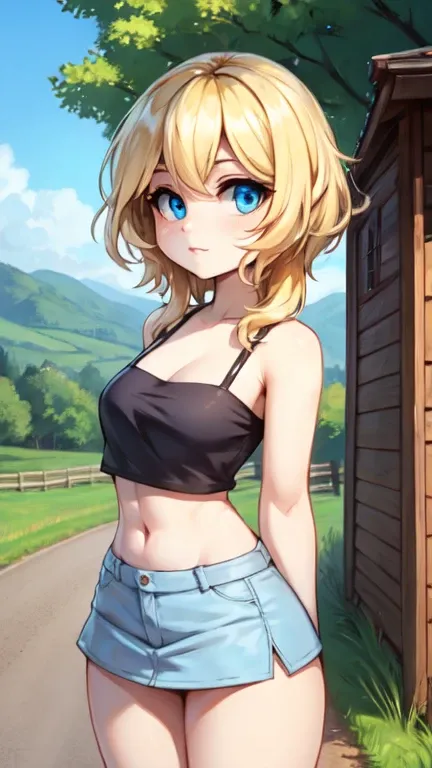 white tube top, white felt miniskirt, blonde medium wave hair, narrow eyes, blue eyes, countryside, outdoors, blue sky,