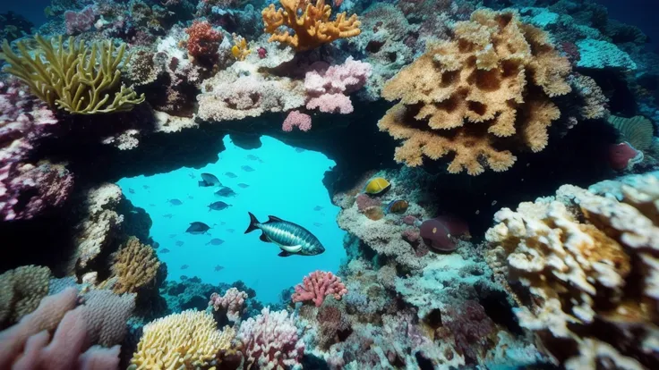 deep down in the ocean some sea turtles are swimming in the background there are different colorful swimming fishes and stunning...