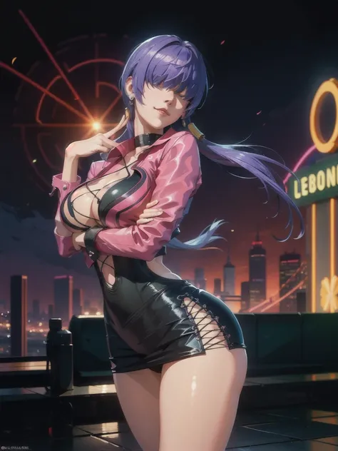 (night), in a video game scene with a neon background and a neon light,
Standing at attention,
pink suit, pink jacket, choker, neckline, clothing cut, 
earrings, purple hair, she has long bangs in her hair that cover her eyes ((hair over eyes)),
1 girl, 20...