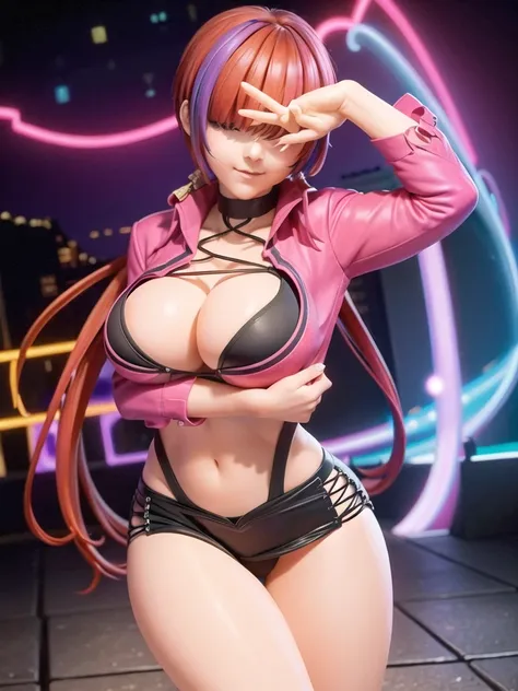 (night), in a video game scene with a neon background and a neon light,
standing at attention,
pink suit, pink jacket, choker, n...