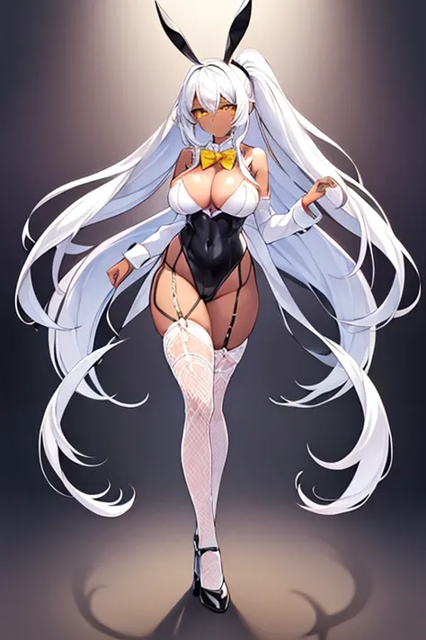 1girl, white hair, long hair, dark-skinned female, dark skin, yellow eyes, breasts, large breasts, bowtie, wide hips, fishnets, bunnysuit, leotard, white bunnysuit, shy, timid, ponytail, fishnet, fishnet pantyhose, fishnet legwear, high heels, full body, (...