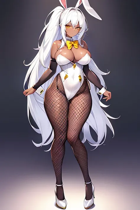 1girl, white hair, long hair, dark-skinned female, dark skin, yellow eyes, breasts, large breasts, bowtie, wide hips, fishnets, bunnysuit, leotard, white bunnysuit, shy, timid, ponytail, fishnet, fishnet pantyhose, fishnet legwear, high heels, full body, (...