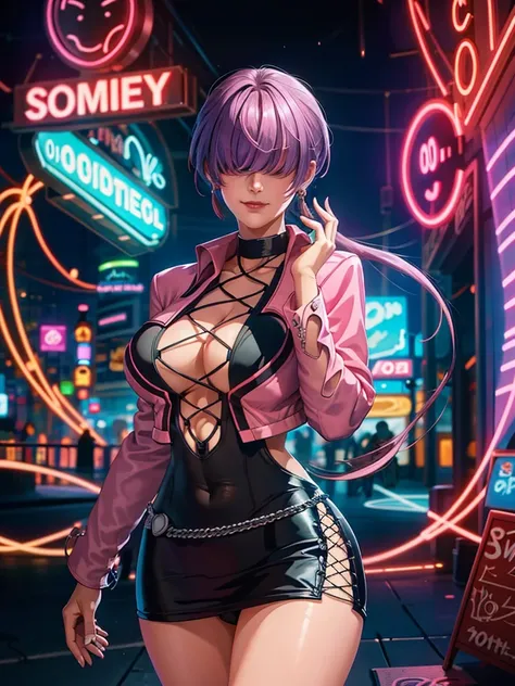 (night), in a video game scene with a neon background and a neon light, standing at attention, pink suit, pink jacket, choker, n...