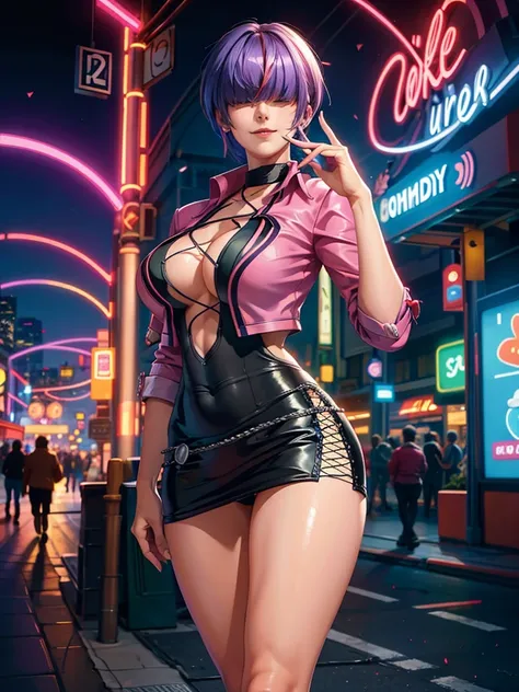 (night), in a video game scene with a neon background and a neon light, standing at attention, pink suit, pink jacket, choker, n...