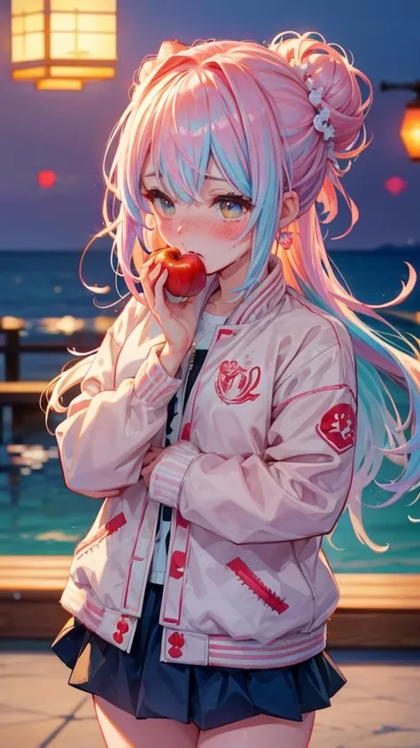 ear blush, full blush, Draw a clear face, Sea-view harbor, Eat an apple, Embarrassed face, Blushing, gradient hair, crystal hair, hair bun, Varsity jacket with koi embroidery, アニメ, cinematic lighting, uhd, highres, best quality, 8k