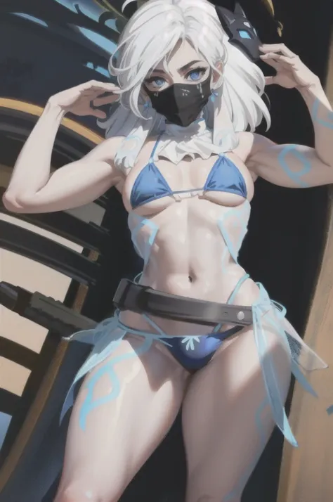 ((cinematic light, best quality, 8k, masterpiece :1.3)), 1girl, beautiful woman, (white hair, large breasts:1.3), rope panties, ...