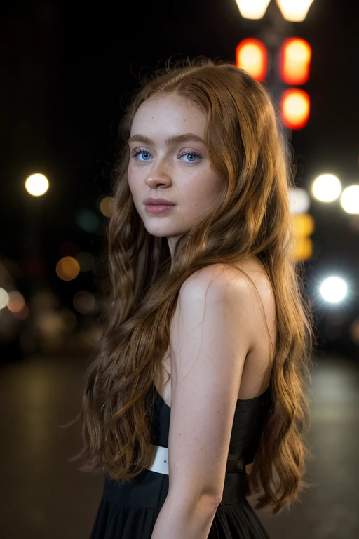 red long hair, a photo of sds,a woman,looking at viewer,front view,close-up,wearing  black dress,cinematic,film grain,bokeh,red ...