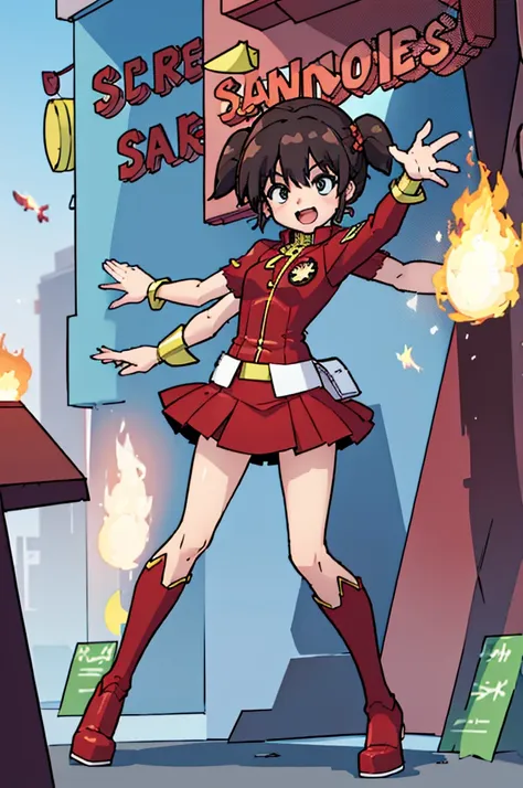 girl, super hero, flames ,powerful pose, super hero pose