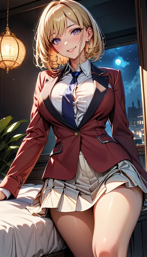 (Highest quality:1.2, High detail, masterpiece:1.2, Best aesthetics), (1 Girl), Cowboy Shot,red jacket,white shirt,white miniskirt,black long socks,brown heels,blue tie,Kushida kikyou, Beautiful detailed eyes, Beautiful detailed lips, Highly detailed face,...