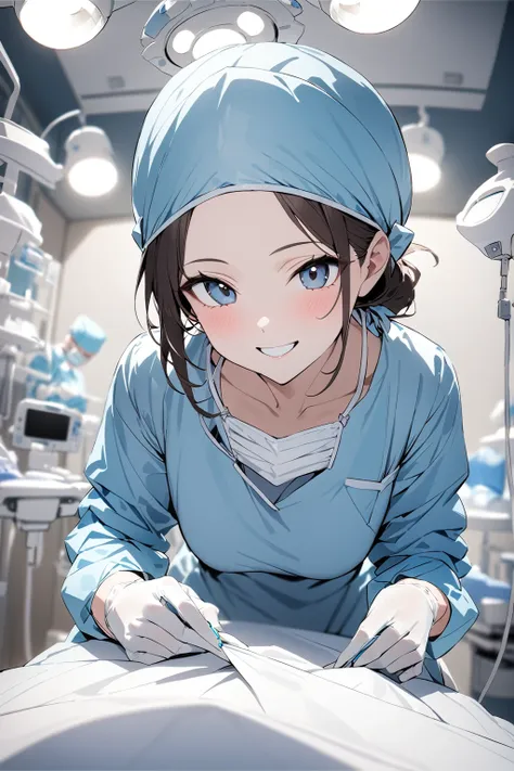 (RAW-Foto, best quality), 1 girl ,smile at the dentist, long-sleeved surgical outfit, surgical Maske,  Surgical gloves, Surgical cap,  operating room, Ceiling-mounted surgical light, blurred background, focused _open, complete_tied, ​masterpiece, best qual...