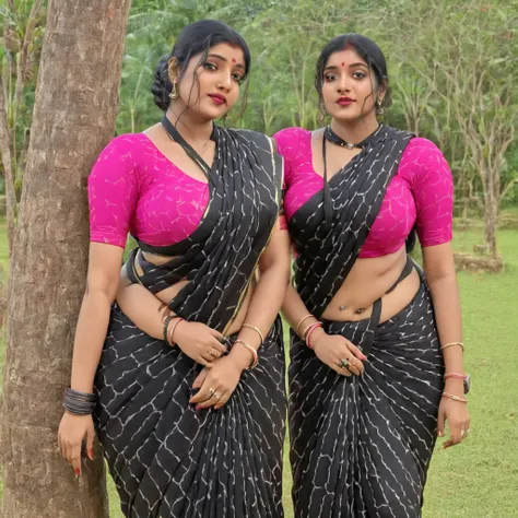 1cute boy, 1girl, gigantic breast, black saree, pink blouse, tanvi face and breast, posing, photoshout, pallu drop, scene, full ...