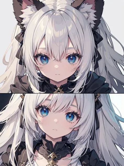 (Animal ears), Light silver hair, Blue eyes, (masterpiece), (Highest quality), (Very detailed), more_detailed:-1, more_detailed:0, more_detailed:0.5, more_detailed:1, more_detailed:1.5, Shine