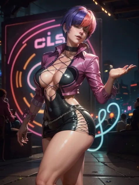 (night), in a video game scene with a neon background and a neon light, standing at attention, pink suit, pink jacket, choker, n...