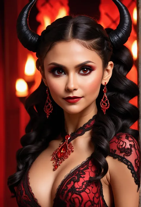 Full body shot Nina Dobrev devil, ringlets wavy five feet long black hair, updo hairstyle with ponytail on one side and long hairpins holding the bun long braid, strong thighs, dark red glossy lips, heavy red eye shadow long red eyeliner, long sharp claws,...