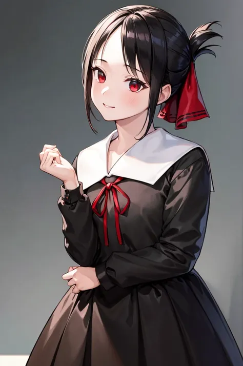 (masterpiece, best quality:1.2), expressive eyes, perfect face, highres,1girl, solo, aakaguya, short hair, folded ponytail, hair ribbon, parted bangs, neck ribbon, red ribbon, black dress, black shirt, long sleeves, black sleeves, schoolyard background, sm...