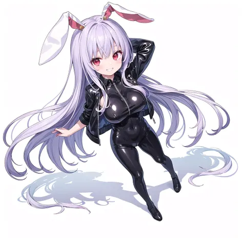 (((high quality))),(((masterpiece))),(((highly detailed))),((illustration style)),(((one girl))),(((reisen udongein inaba))), (touhou),(((red eyes))),rabbit girl,(((rabbit ears))),rabbit tail,(((light purple hair))),(((very long hair)))(((white leather jac...