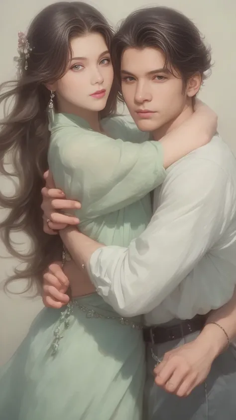 High-quality image of a couple: a blond men (tall, statuesque, handsome, courageous young man with blue eyes, curly golden hair, dressed in a gray antique military uniform) he hugs a woman with a black hair (a fantastically beautiful young femme fatale wit...