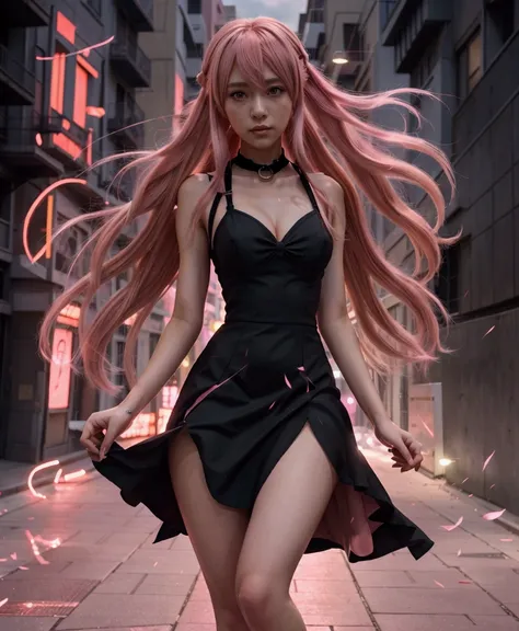 anime girl with pink hair walking in a city street, human anime girl, anime girl, anime styled digital art, stylized urban fantasy artwork, mirai nikki, inspired by Jin Homura, anime girl wearing a black dress, epic anime style, in style of artgerm, advanc...