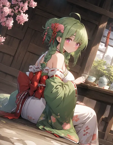 (EDO period:1.1),(Japanese tradition:1.2),Japanese teahouse、Wooden bench、sitting,from side,full body,dynamic angle,(green kimono:1.25),snap shot,,edo street,outdoor,,{{,game CG,high quality game CG},(1girl:1.25),{{masterpiece}}, {{{best quality}}}, {{ultra...