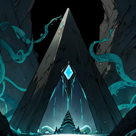 black and blue pyramid with several long black tentacles, with a look of light