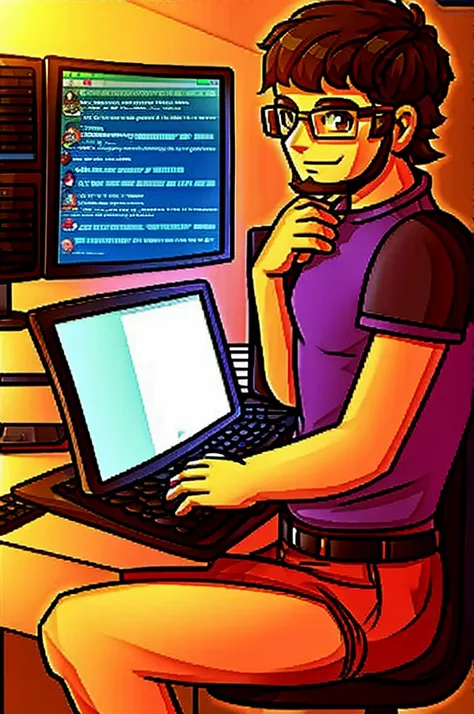 brunette programmer with short beard, glasses, blackw, AND VERY SHORT HAIR, Using the computer