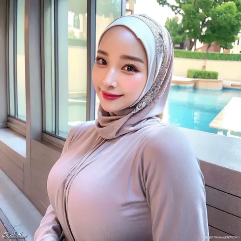 a gorgeous MILF, hijab girl, casual outfit, beautiful detailed smile, beautiful detailed eyes, beautiful detailed nose, beautiful detailed lips, elegant feminine pose, intricate hijab folds, delicate skin, warm lighting, photorealistic, 8K, hyper detailed,...