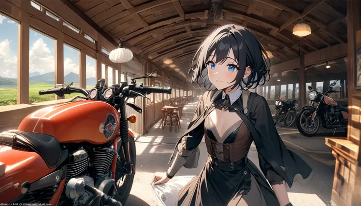 eautiful 1girl, solo, gentle smile on her face flat chest, short hair, black hair, blue eyes, Beautiful depiction、Overhead view、beautiful a girl、thin-waist、The roar of a motorcycle engine、 A moment to challenge the winding road。 The wind strokes my hair、Th...