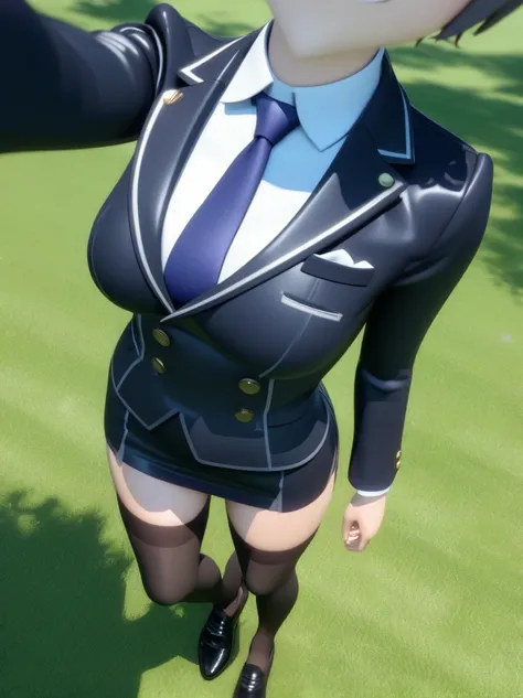 girl ,disembodied head,headless,solo, atago,,miniskirt, selfie, from above,walking,on gras,smug, saliva,medium breasts,black sho...