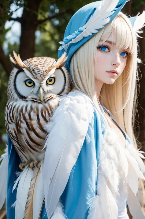 Owl half human animal white feathers blue eyes long hair blonde 