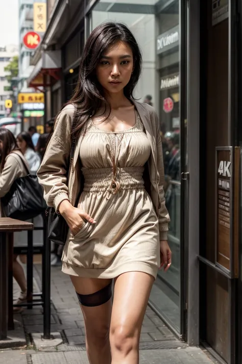 [[((young attractive Singaporean woman with strong Chinese Asian influence, a brown tanned complexion, long straight dark black hair, striking almond-shaped dark brown eyes, a  frame, and a stylish pose:1.6)), ((Sophie Tan:1.5)), walking on a city sidewalk...