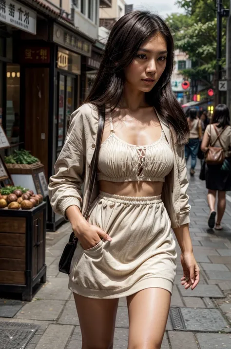 [[((young attractive Singaporean woman with strong Chinese Asian influence, a brown tanned complexion, long straight dark black hair, striking almond-shaped dark brown eyes, a  frame, and a stylish pose:1.6)), ((Sophie Tan:1.5)), walking on a city sidewalk...