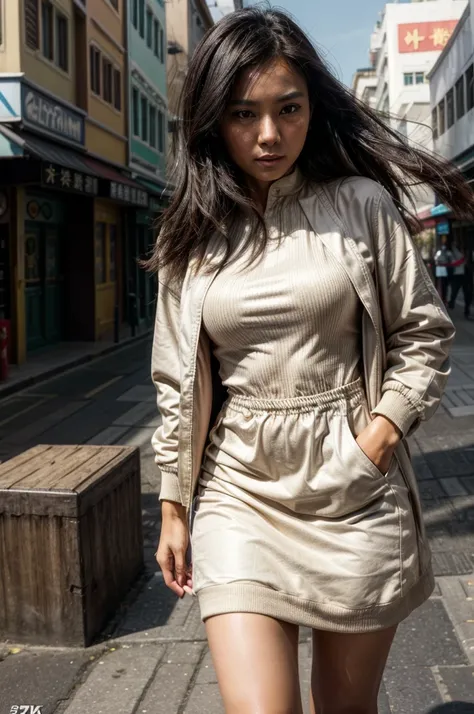 [[((young attractive Singaporean woman with strong Chinese Asian influence, a brown tanned complexion, long straight dark black hair, striking almond-shaped dark brown eyes, a  frame, and a stylish pose:1.6)), ((Sophie Tan:1.5)), leaning against a parked c...