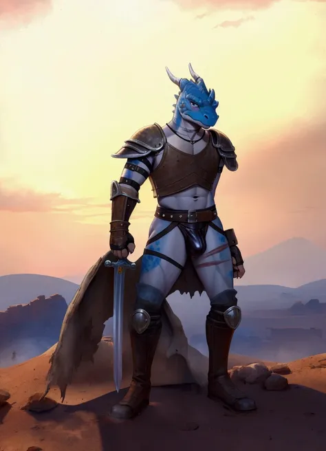 Solo Sexy young anthro acaliereptile dragon male mercenary medieval solider, slim slim muscular, anthro handsome gay shorter muzzle, handsome gay model male apperance, sword scars, worn out leather skimpy armament, low on hips heavy leather belt, old very ...