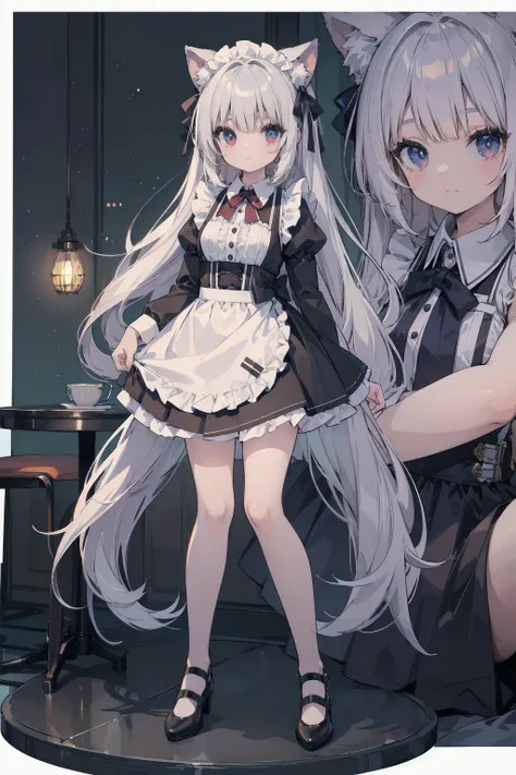 (Animal ears), Light silver hair, Silver-eyed, French maid cosplay, Full body pose, A high school girl, (masterpiece), (Highest quality), (非常にdetailedな), more_detailed:-1, more_detailed:0, more_detailed:0.5, more_detailed:1, more_detailed:1.5, Shine