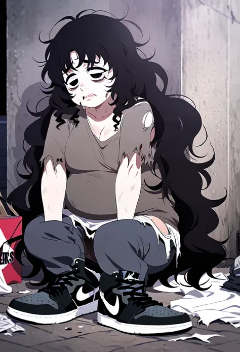 Long hair, wavy hair, black hair, bags under eyes, chubby, big , torn clothes, homeless, black eyes, wearig air jordan 1